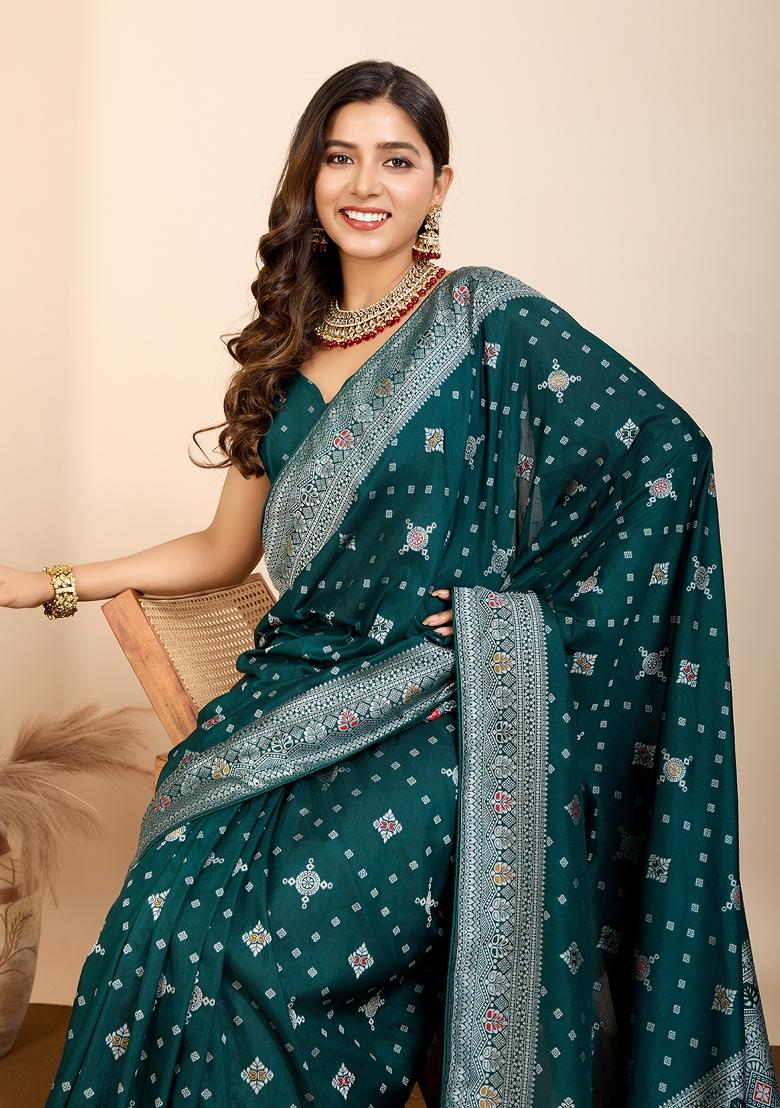 Teal Blue Brocade Silk Silk Blend Saree Set