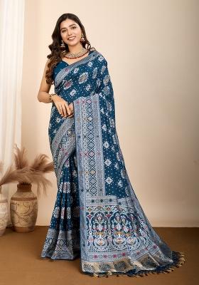 Blue Brocade Silk Silk Blend Saree Set
