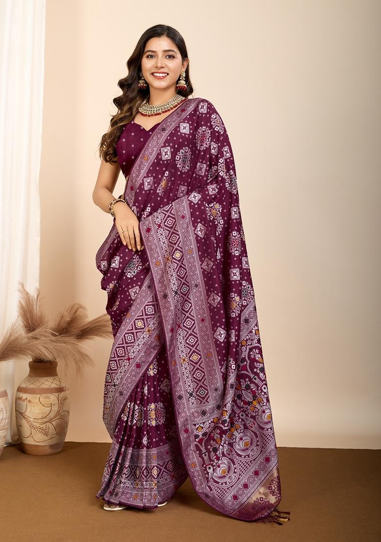 Magenta Brocade Silk Silk Blend Saree Set