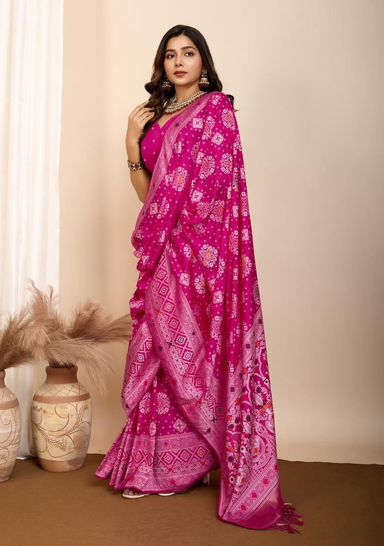 Pink Brocade Silk Silk Blend Saree Set