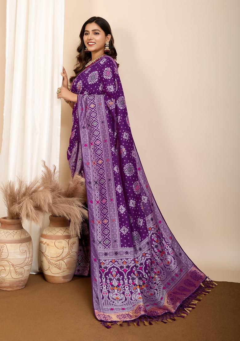 Purple Brocade Silk Silk Blend Saree Set