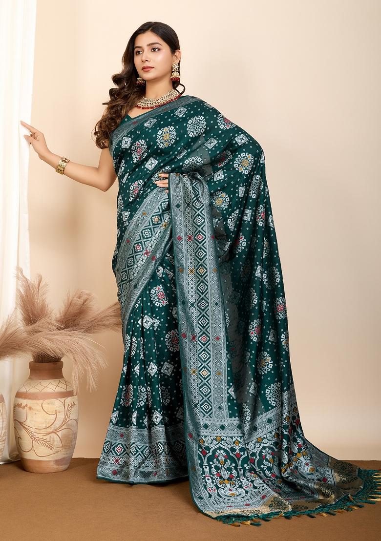 Teal Blue Brocade Silk Silk Blend Saree Set
