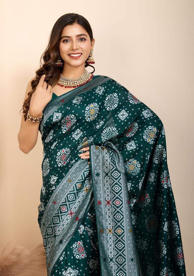 Teal Blue Brocade Silk Silk Blend Saree Set