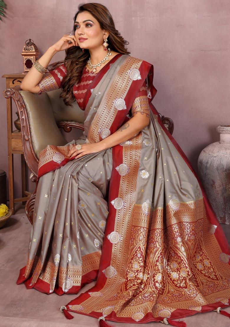 Grey Zari Woven Kalamkari Saree Set