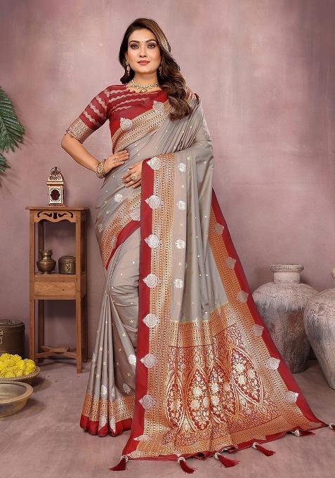 Grey Zari Woven Kalamkari Saree Set