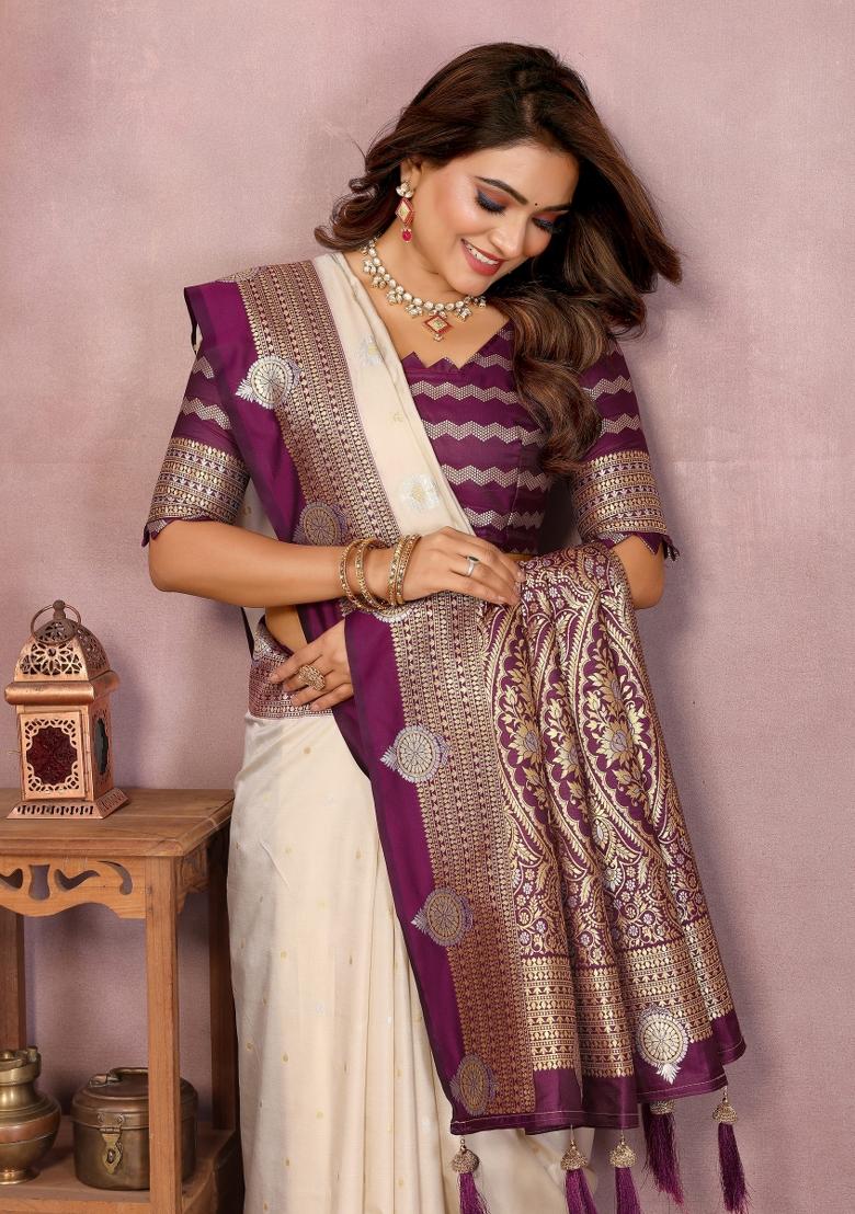 Beige Zari Woven Kalamkari Saree Set