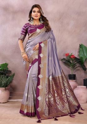 Lavender Zari Woven Kalamkari Saree Set