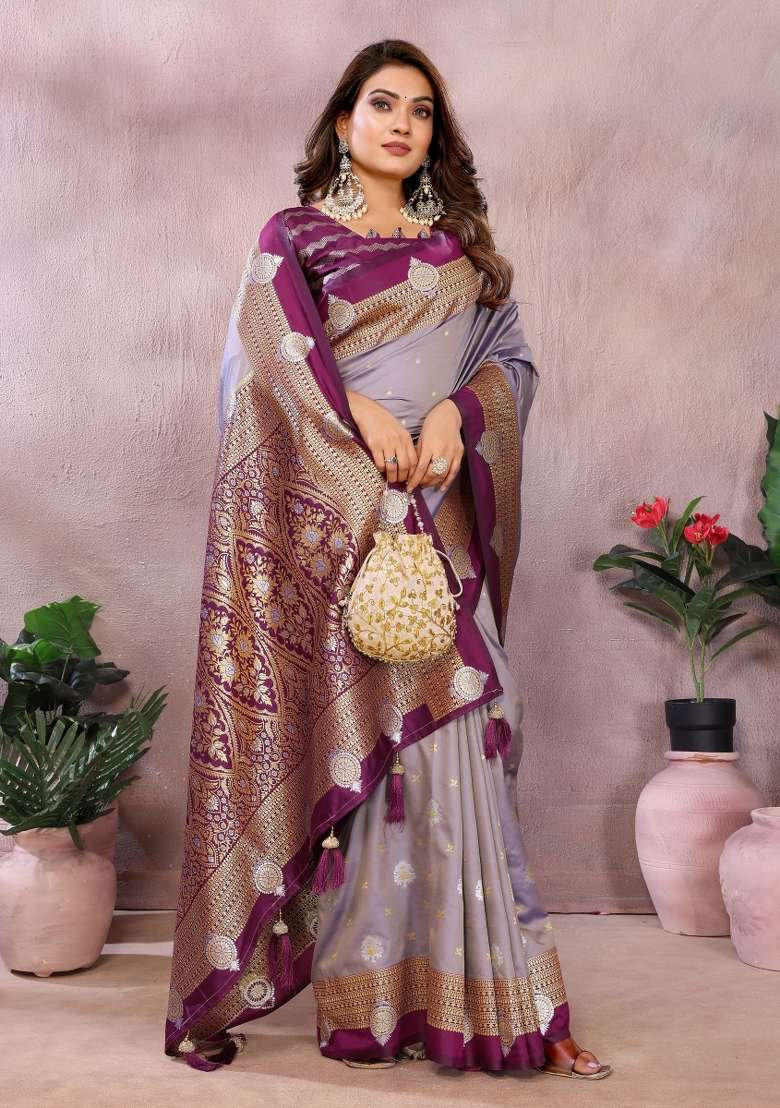 Lavender Zari Woven Kalamkari Saree Set for Diwali and Festive Wear - Indya
