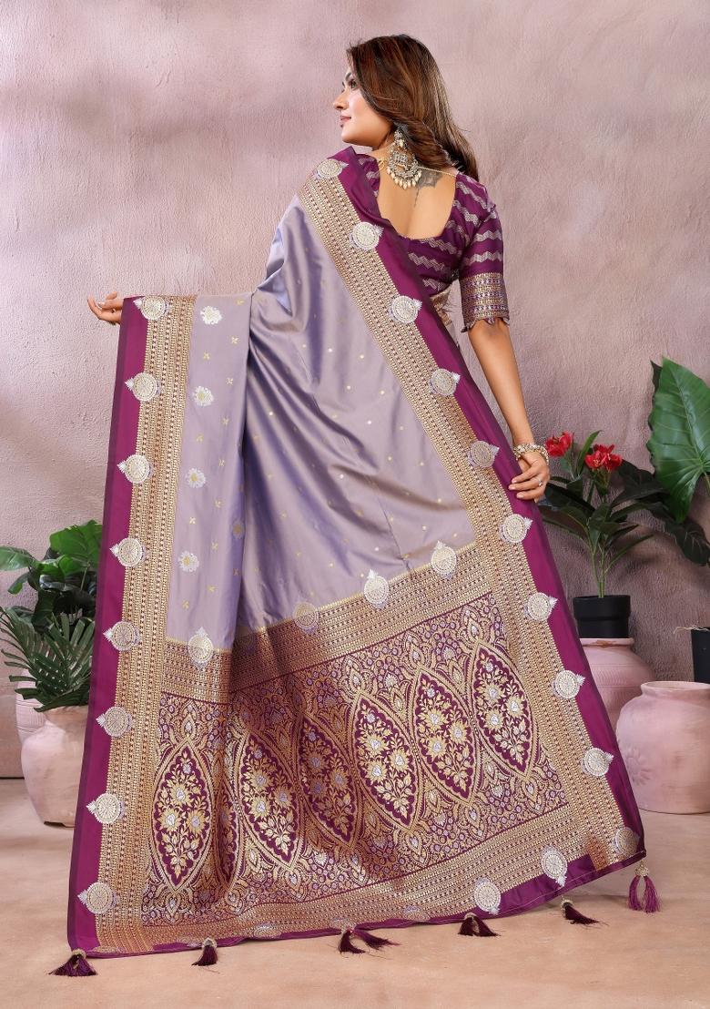 Lavender Zari Woven Kalamkari Saree Set