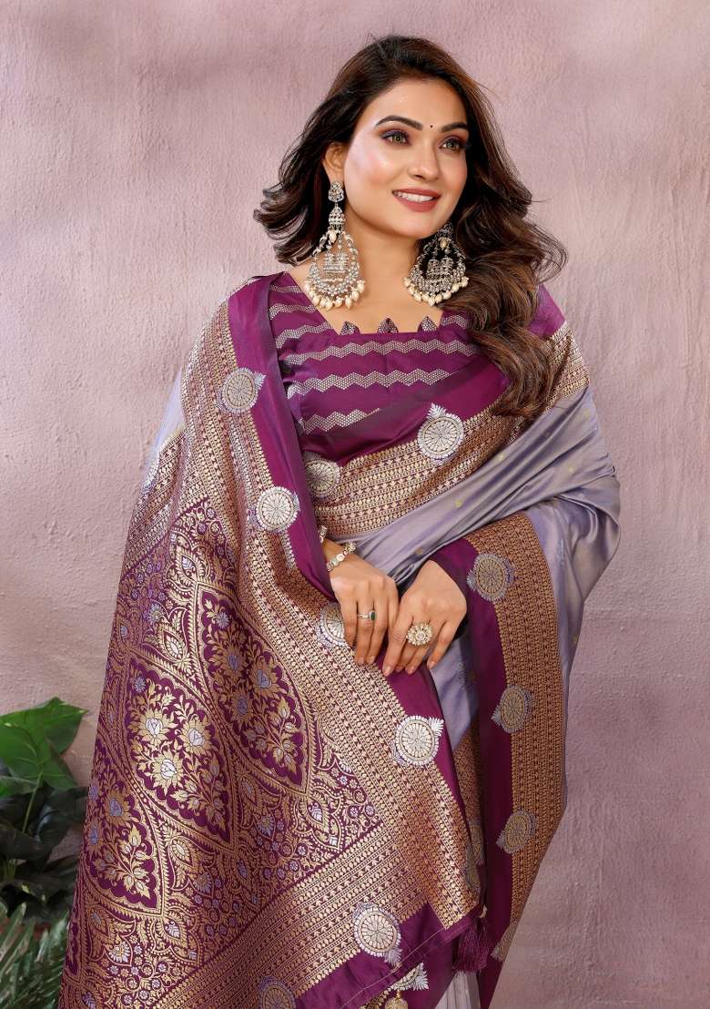 Lavender Zari Woven Kalamkari Saree Set for Diwali and Festive Wear - Indya