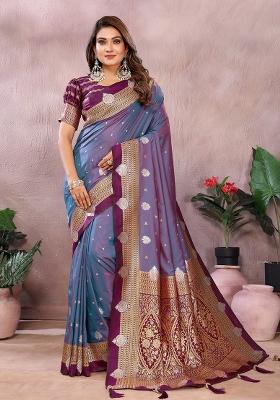 Purple Zari Woven Kalamkari Saree Set