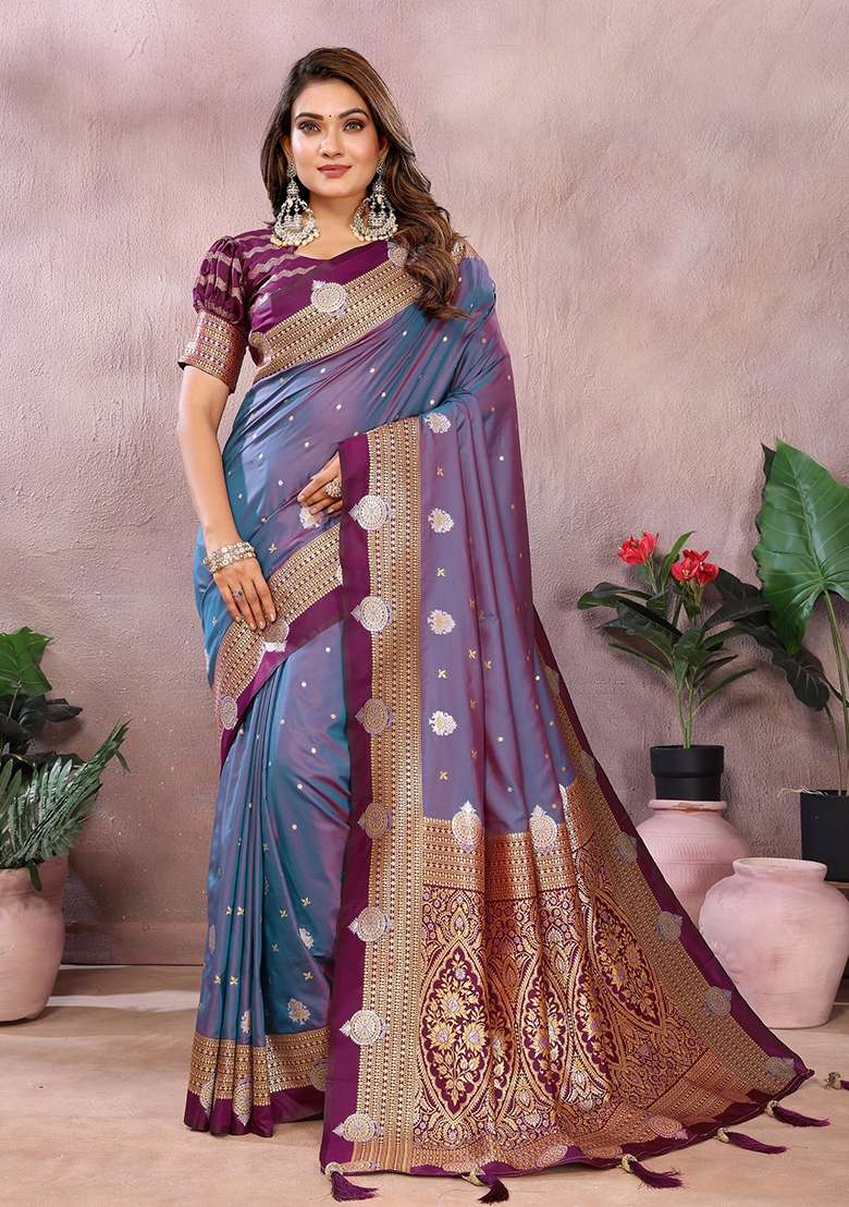 Purple Zari Woven Kalamkari Saree Set for Diwali | Wedding & Festive Wear - Indya