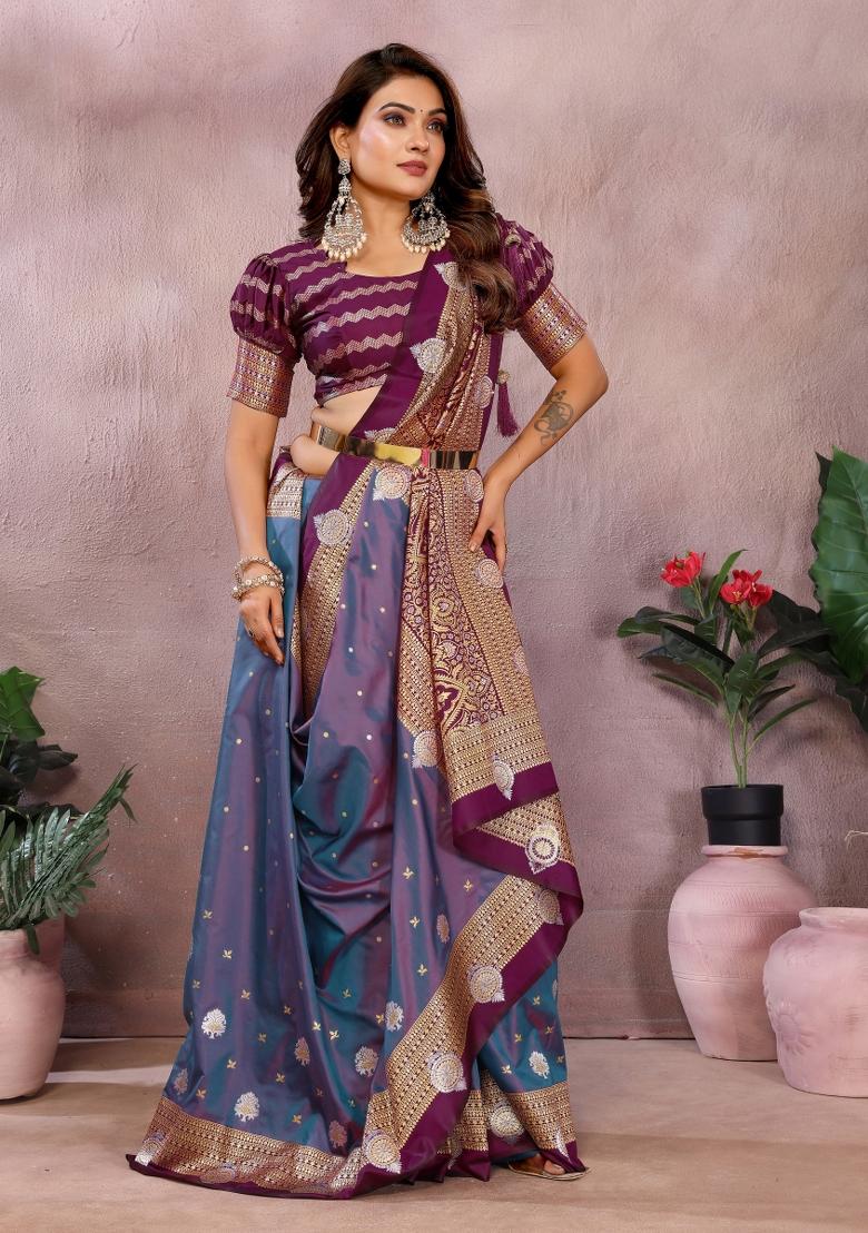 Purple Zari Woven Kalamkari Saree Set