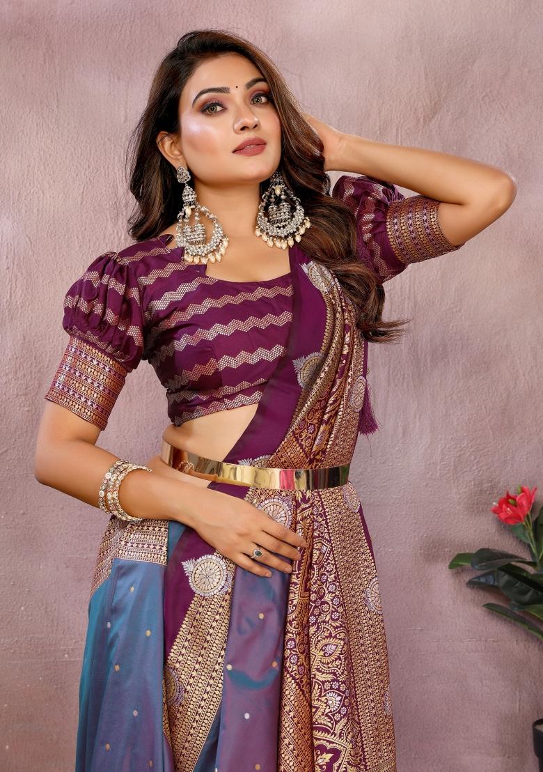 Purple Zari Woven Kalamkari Saree Set