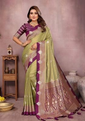 Olive Zari Woven Kalamkari Saree Set