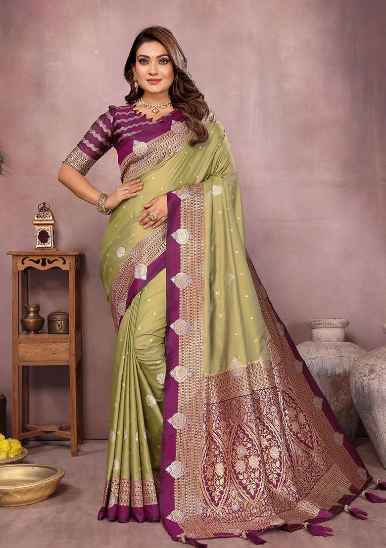 Olive Zari Woven Kalamkari Saree Set for Diwali and Festive Wear - Indya
