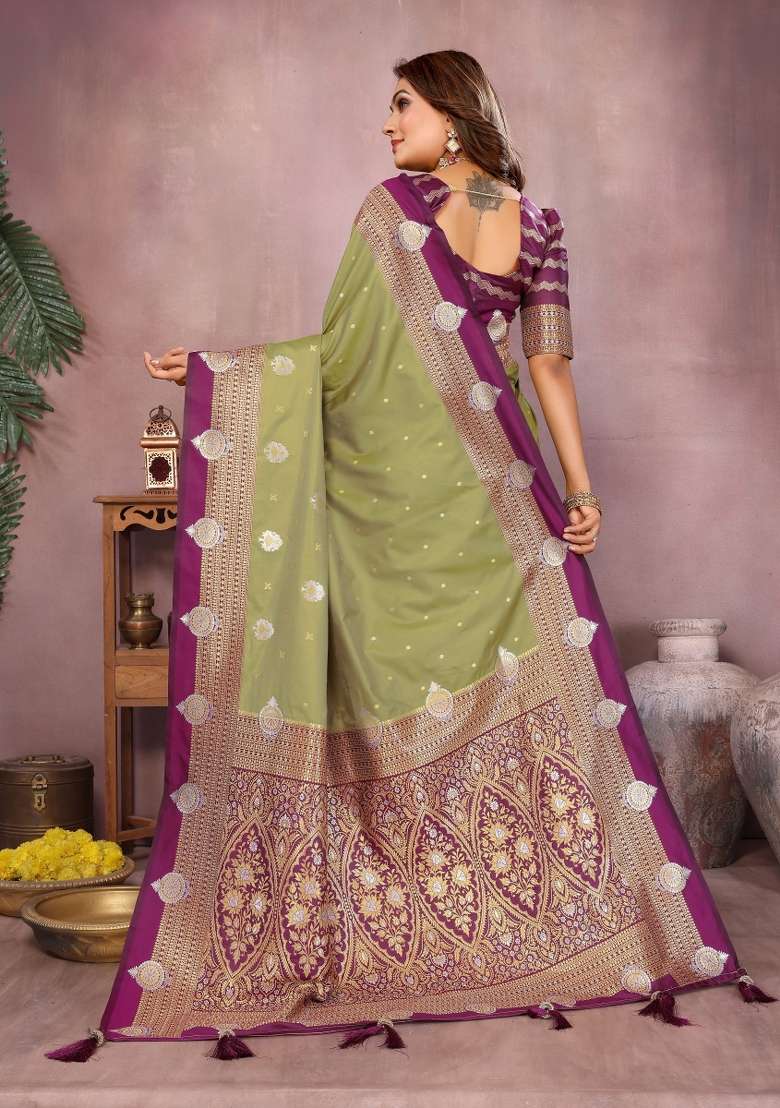 Olive Zari Woven Kalamkari Saree Set for Diwali and Festive Wear - Indya