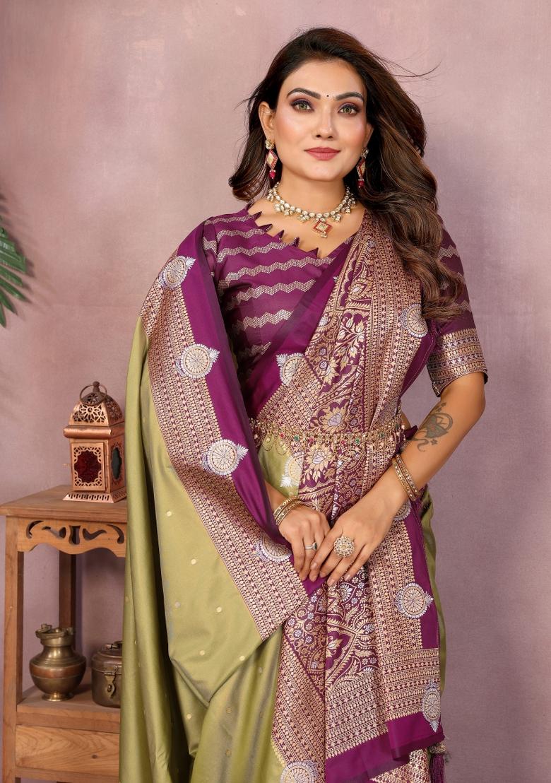 Olive Zari Woven Kalamkari Saree Set