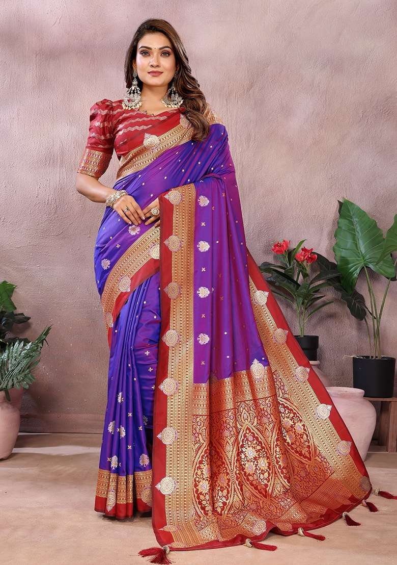 Violet Zari Woven Kalamkari Saree Set for Diwali | Wedding & Festive Wear - Indya