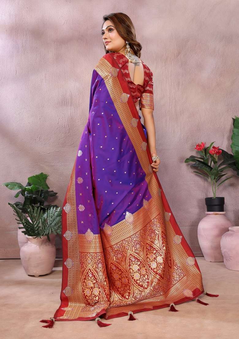 Violet Zari Woven Kalamkari Saree Set for Diwali | Wedding & Festive Wear - Indya