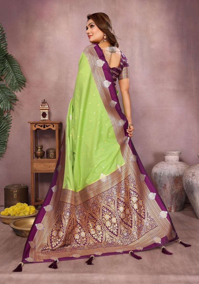 Parrot Green Zari Woven Kalamkari Saree Set