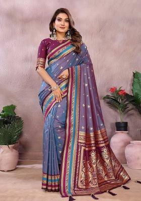 Blue Zari Woven Kalamkari Saree Set