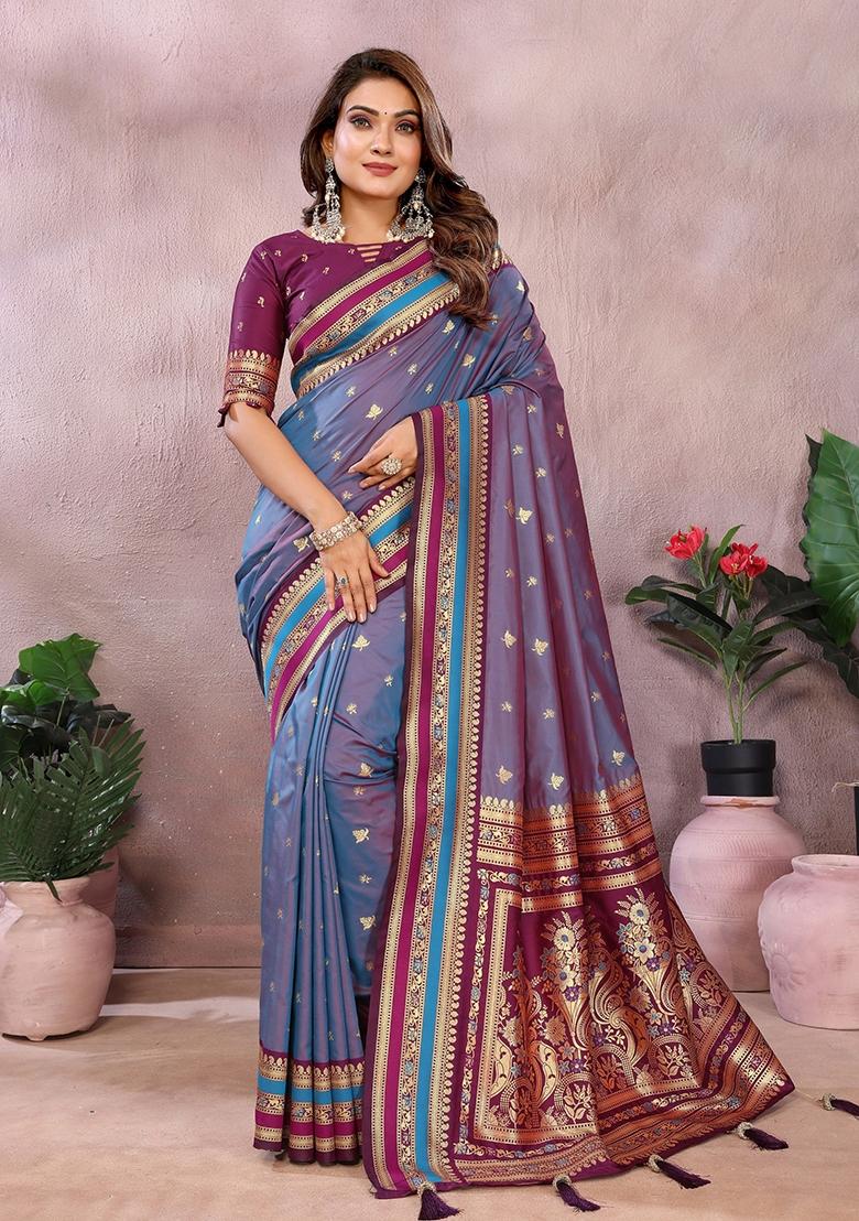 Blue Zari Woven Kalamkari Saree Set