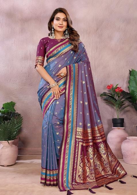 Blue Zari Woven Kalamkari Saree Set