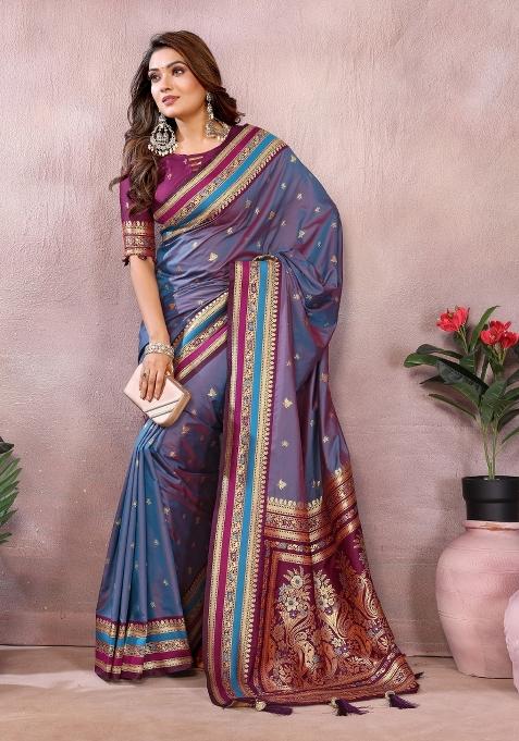 Blue Zari Woven Kalamkari Saree Set