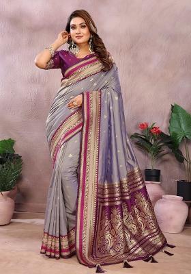 Purple Zari Woven Kalamkari Saree Set