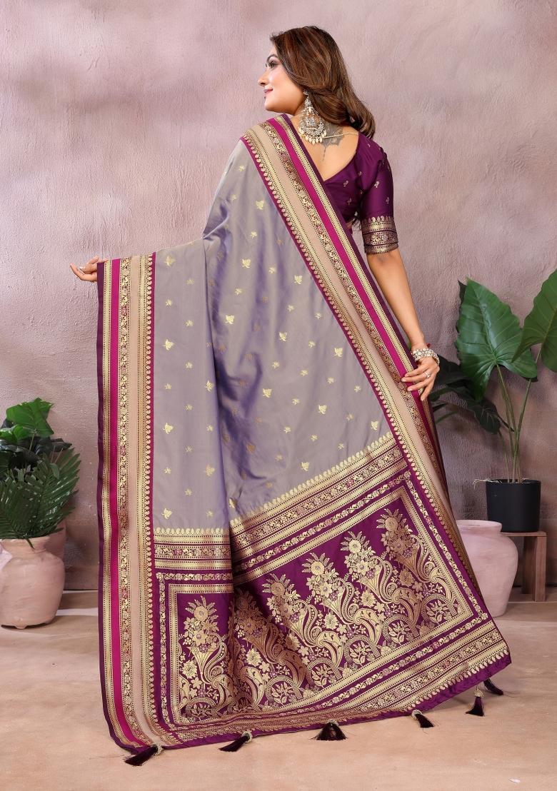 Purple Zari Woven Kalamkari Saree Set