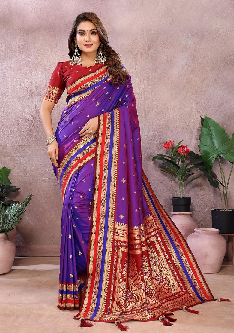 Violet Zari Woven Kalamkari Saree Set