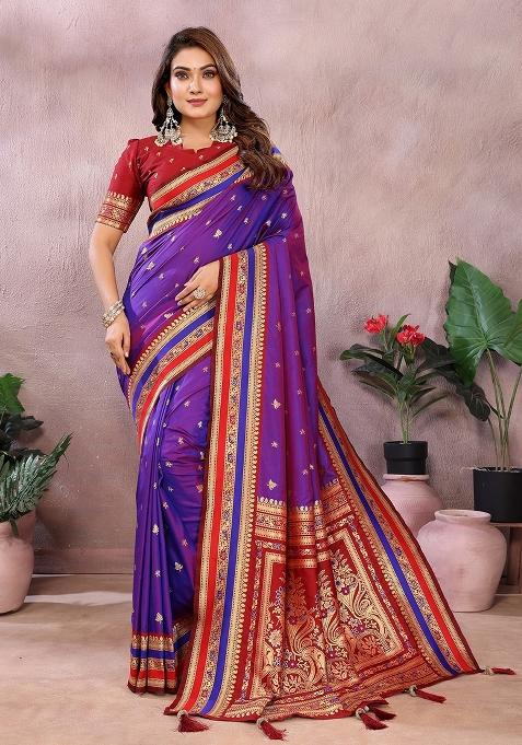 Violet Zari Woven Kalamkari Saree Set