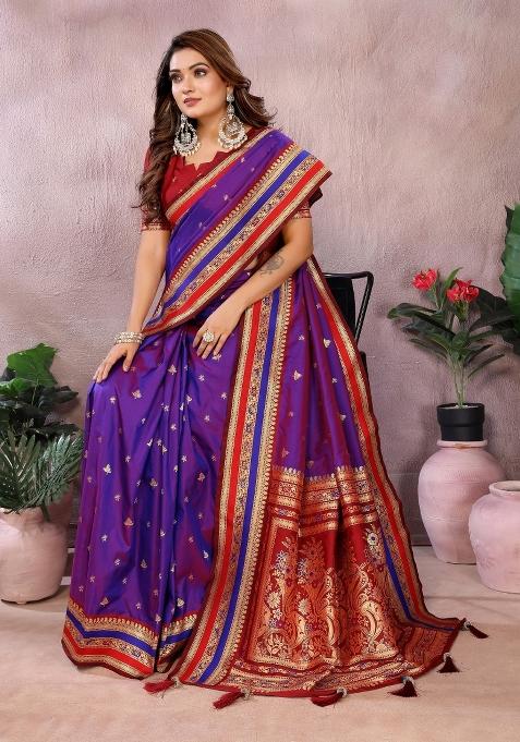 Violet Zari Woven Kalamkari Saree Set
