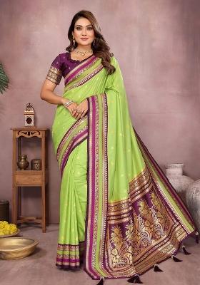 Parrot Green Zari Woven Kalamkari Saree Set