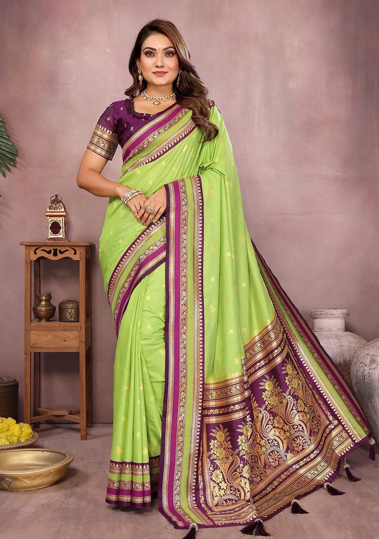 Parrot Green Zari Woven Kalamkari Saree Set