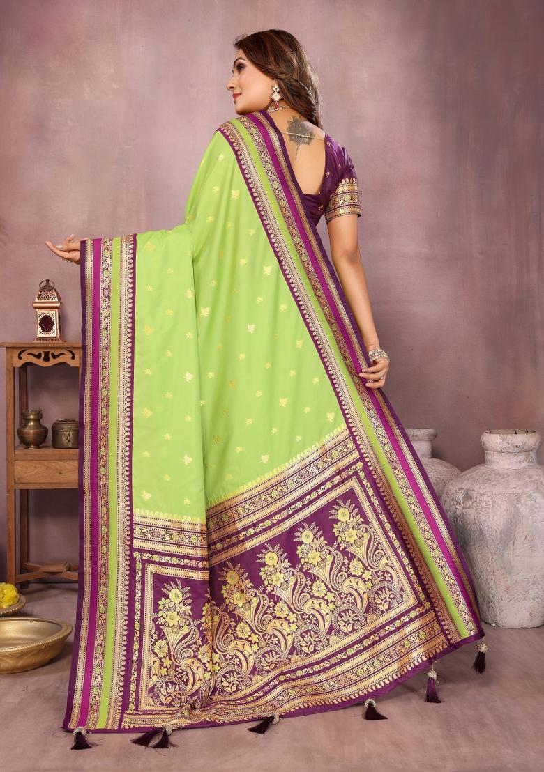 Parrot Green Zari Woven Kalamkari Saree Set