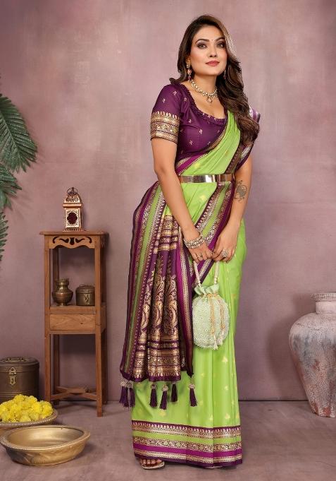 Parrot Green Zari Woven Kalamkari Saree Set