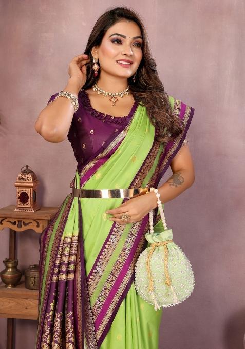 Parrot Green Zari Woven Kalamkari Saree Set