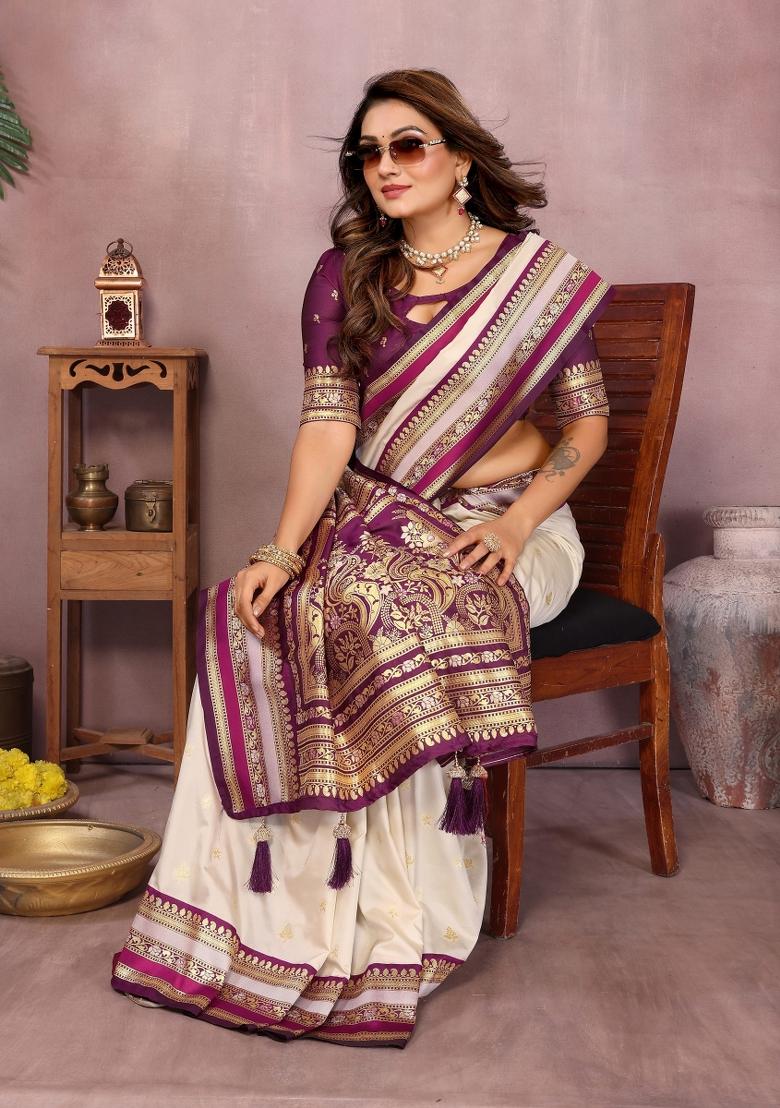 Beige Zari Woven Kalamkari Saree Set