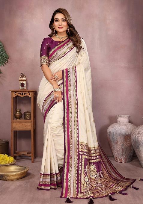 Beige Zari Woven Kalamkari Saree Set