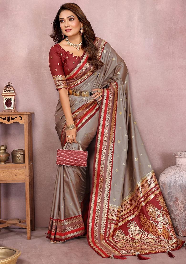 Grey Zari Woven Kalamkari Saree Set
