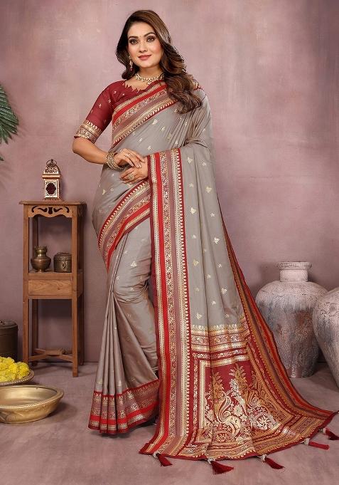 Grey Zari Woven Kalamkari Saree Set