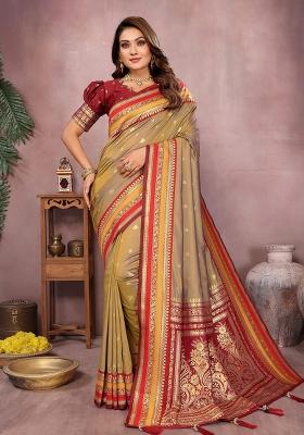 Gold Zari Woven Kalamkari Saree Set