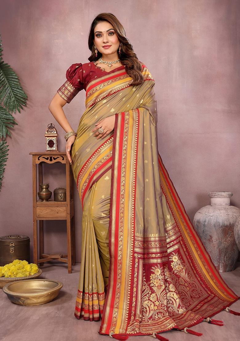 Gold Zari Woven Kalamkari Saree Set