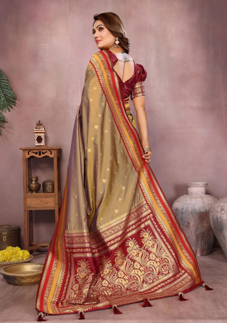 Gold Zari Woven Kalamkari Saree Set