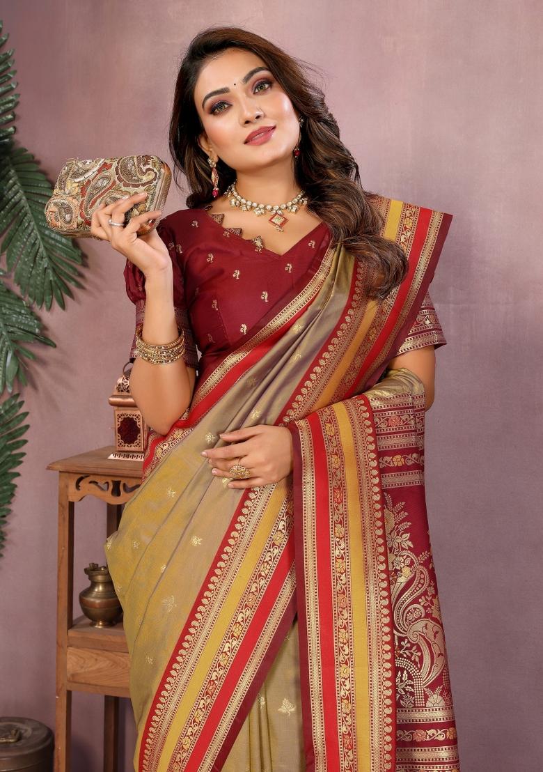 Gold Zari Woven Kalamkari Saree Set