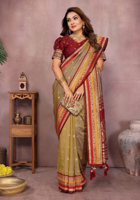 Gold Zari Woven Kalamkari Saree Set