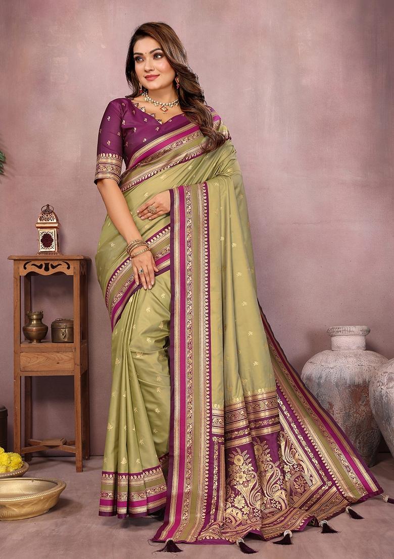Green Zari Woven Kalamkari Saree Set