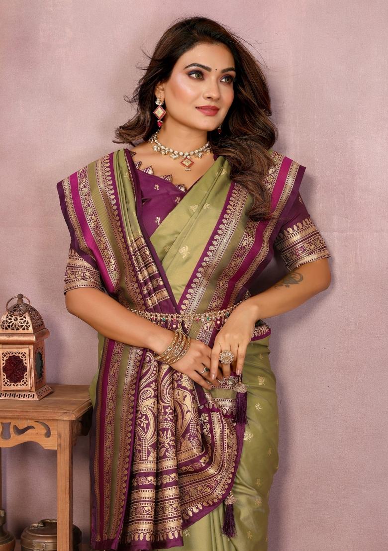 Green Zari Woven Kalamkari Saree Set